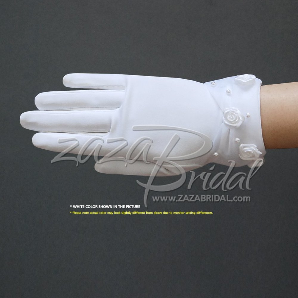 Dull matte satin girl’s gloves with faux pearl & rose accents sheer organza cuff